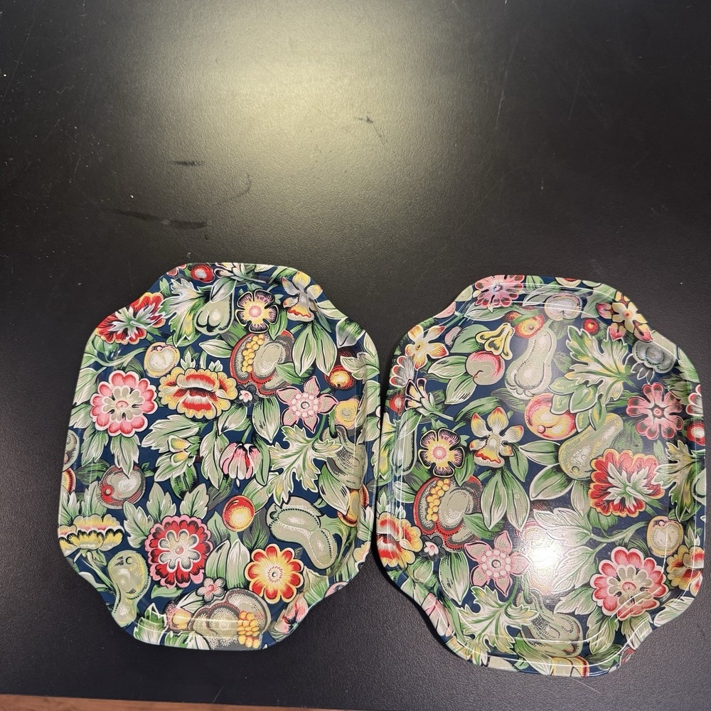 Lot of 2 ELITE Metal Decorative Snack Vanity Trays Made in England Floral